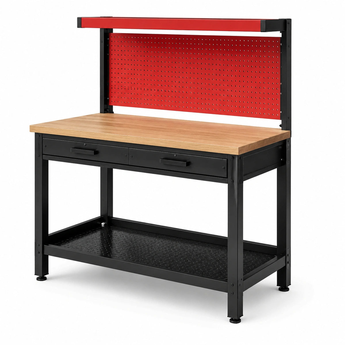 Banco da lavoro 120 × 60 × 155 cm in acciaio e legno, nero, rosso e naturale, con pannello portautensili, 2 cassetti e ripiano