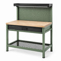 Banco da lavoro 120 × 60 × 155 cm verde, nero e naturale con piano in legno, pannello portautensili, cassetto e ripiano