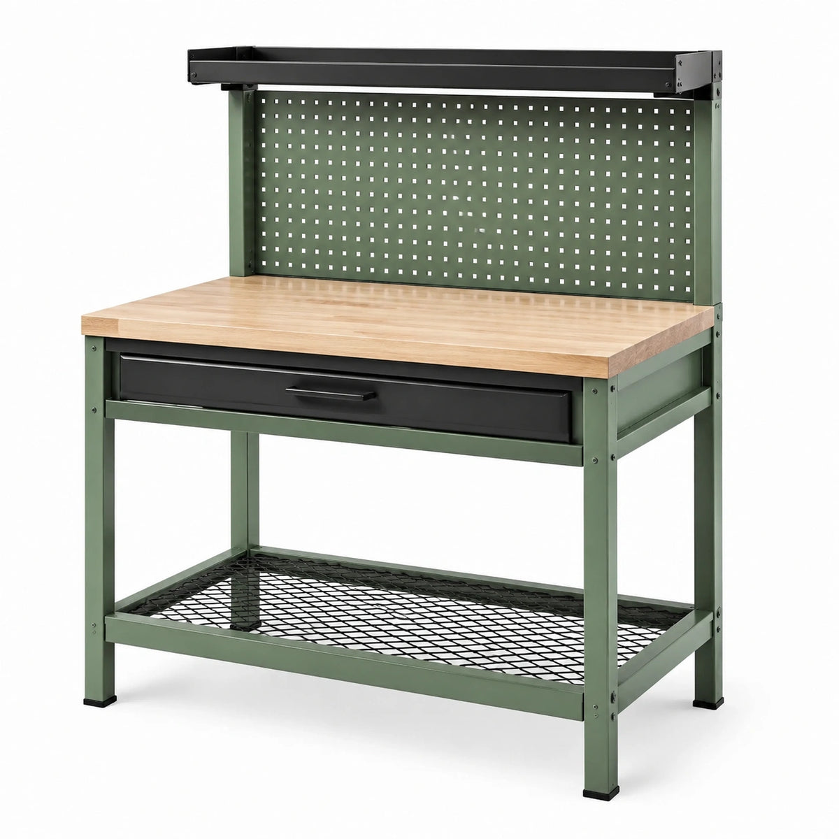 Banco da lavoro 120 × 60 × 155 cm verde, nero e naturale con piano in legno, pannello portautensili, cassetto e ripiano
