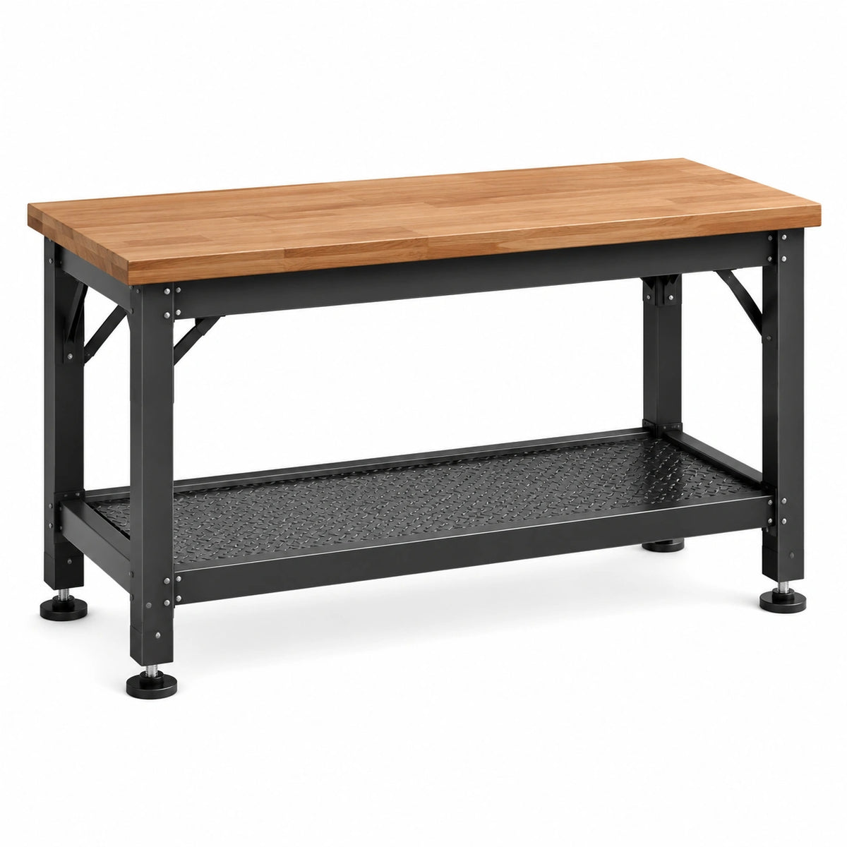 Banco da lavoro 120 × 60 × 90 cm con piano in legno marrone, struttura in acciaio nero e ripiano inferiore