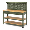Banco da lavoro in acciaio e legno 120 × 60 × 150 cm verde oliva con pannello portautensili, 2 cassetti e 3 ripiani