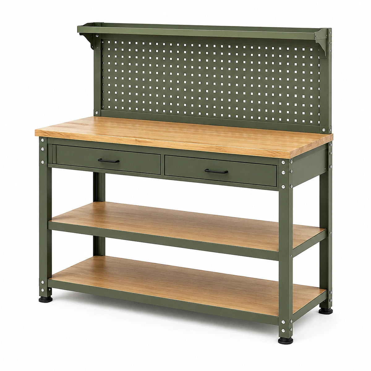 Banco da lavoro in acciaio e legno 120 × 60 × 150 cm verde oliva con pannello portautensili, 2 cassetti e 3 ripiani