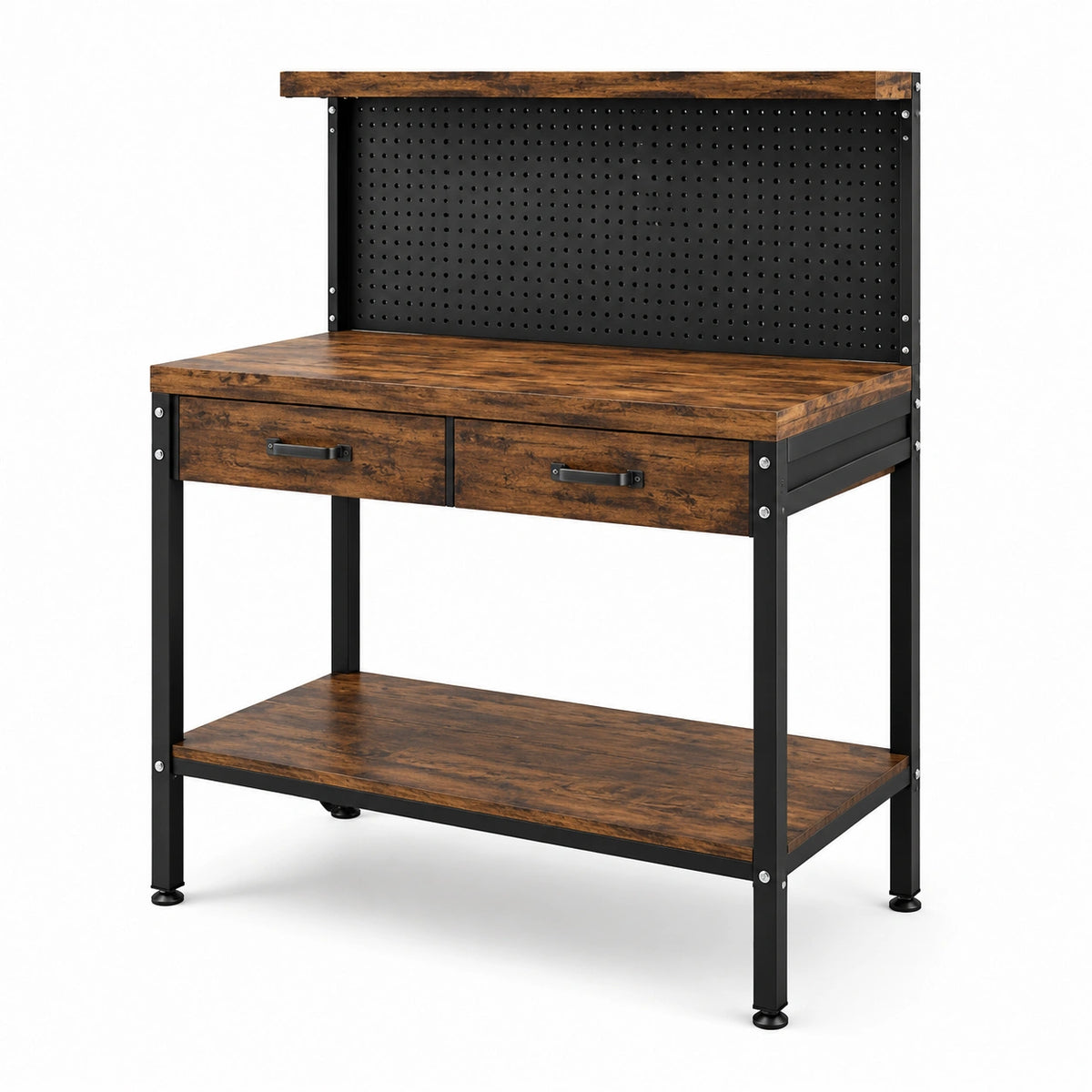 Banco da lavoro industriale 100 × 50 × 140 cm in legno ingegnerizzato e acciaio, marrone rustico e nero, con 2 cassetti, 2 ripiani e pannello portautensili
