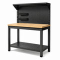 Banco da lavoro industriale 120 × 60 × 155 cm in acciaio nero e legno naturale con pannello portautensili