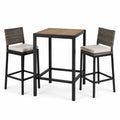 Tavolo alto 70×70×95 cm con 2 sgabelli 45×52×108 cm in metallo e polyrattan, nero, marrone e tortora