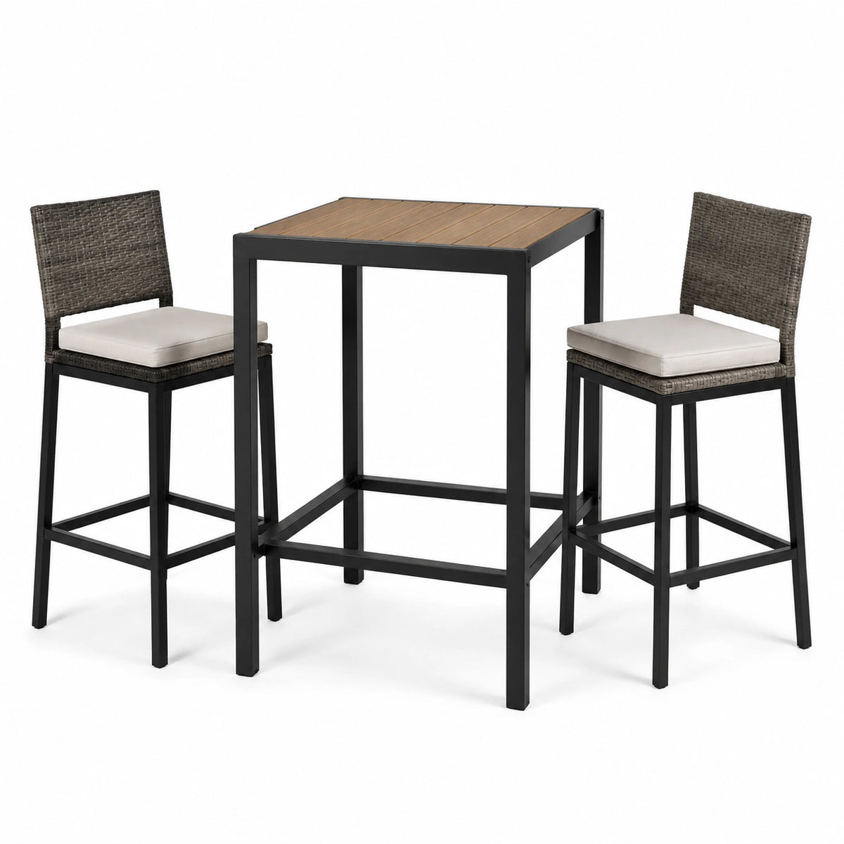 Tavolo alto 70×70×95 cm con 2 sgabelli 45×52×108 cm in metallo e polyrattan, nero, marrone e tortora
