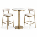 Tavolo rotondo Ø80 × 105 cm con 2 sgabelli 50 × 52 × 98 cm, bianco crema, dorato e bianco effetto marmo