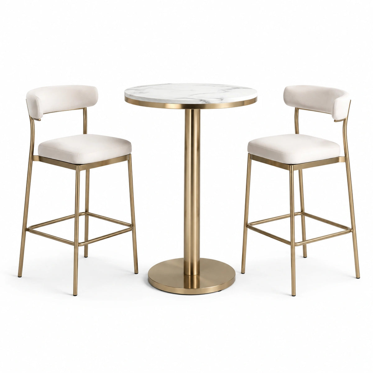 Tavolo rotondo Ø80 × 105 cm con 2 sgabelli 50 × 52 × 98 cm, bianco crema, dorato e bianco effetto marmo