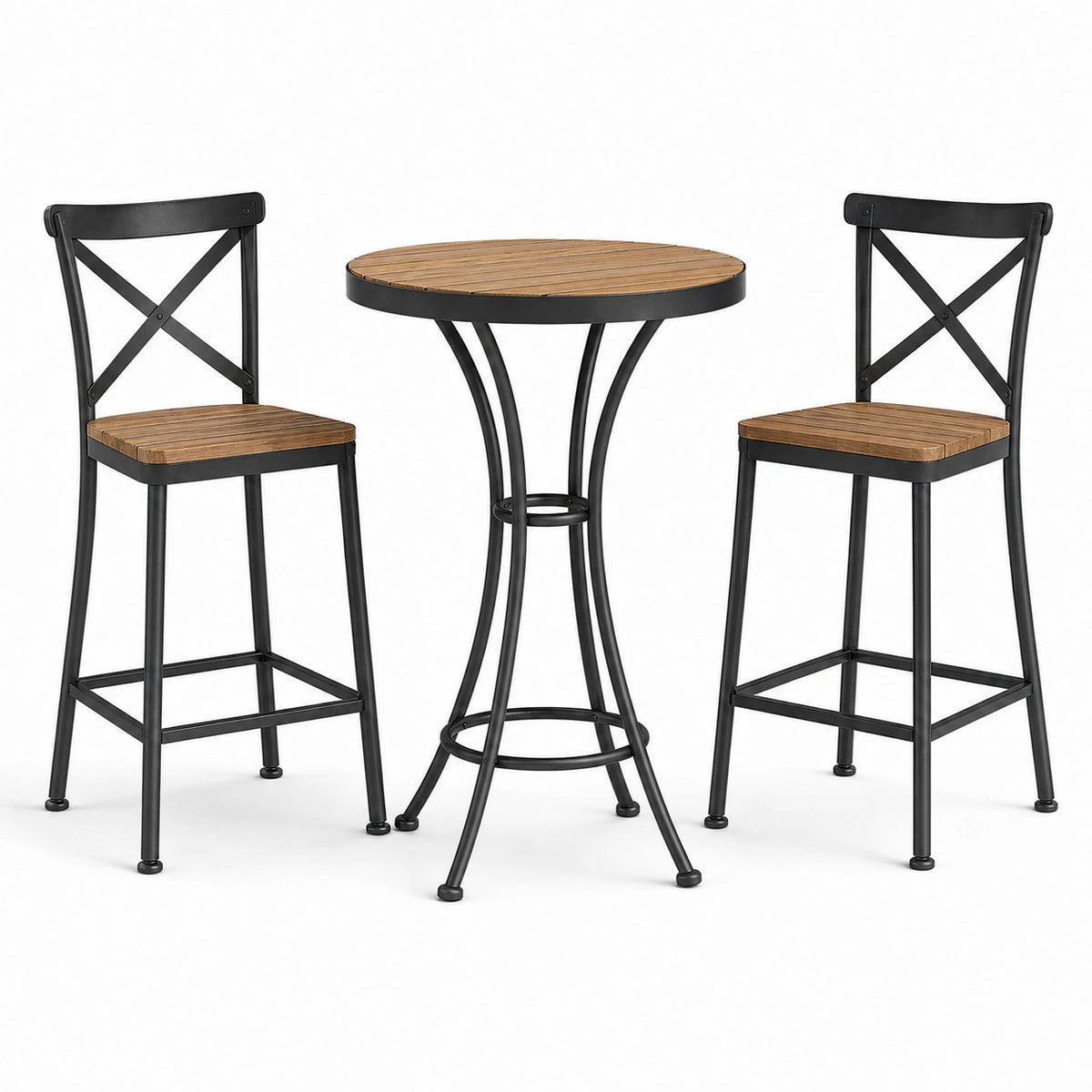 Set bar industriale da 3 pezzi con tavolo rotondo Ø 80 × H 100 cm e 2 sgabelli 45 × 47 × H 106 cm, nero e marrone
