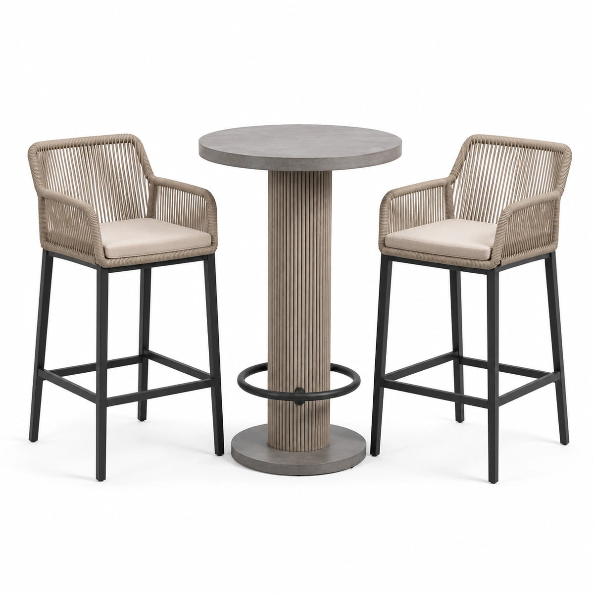 Completo da esterno con tavolo rotondo Ø80 × 105 cm e 2 sgabelli 57 × 58 × 105 cm, tortora, beige, grigio e nero