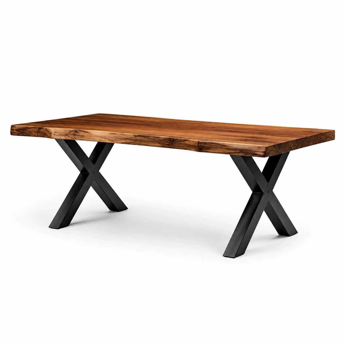 Tavolo rettangolare in legno marrone con gambe a X in metallo nero, 200 × 90 × 76 cm