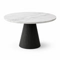 Tavolo rotondo moderno Ø 120 × H 75 cm, effetto marmo bianco con venature grigie e base nera scanalata
