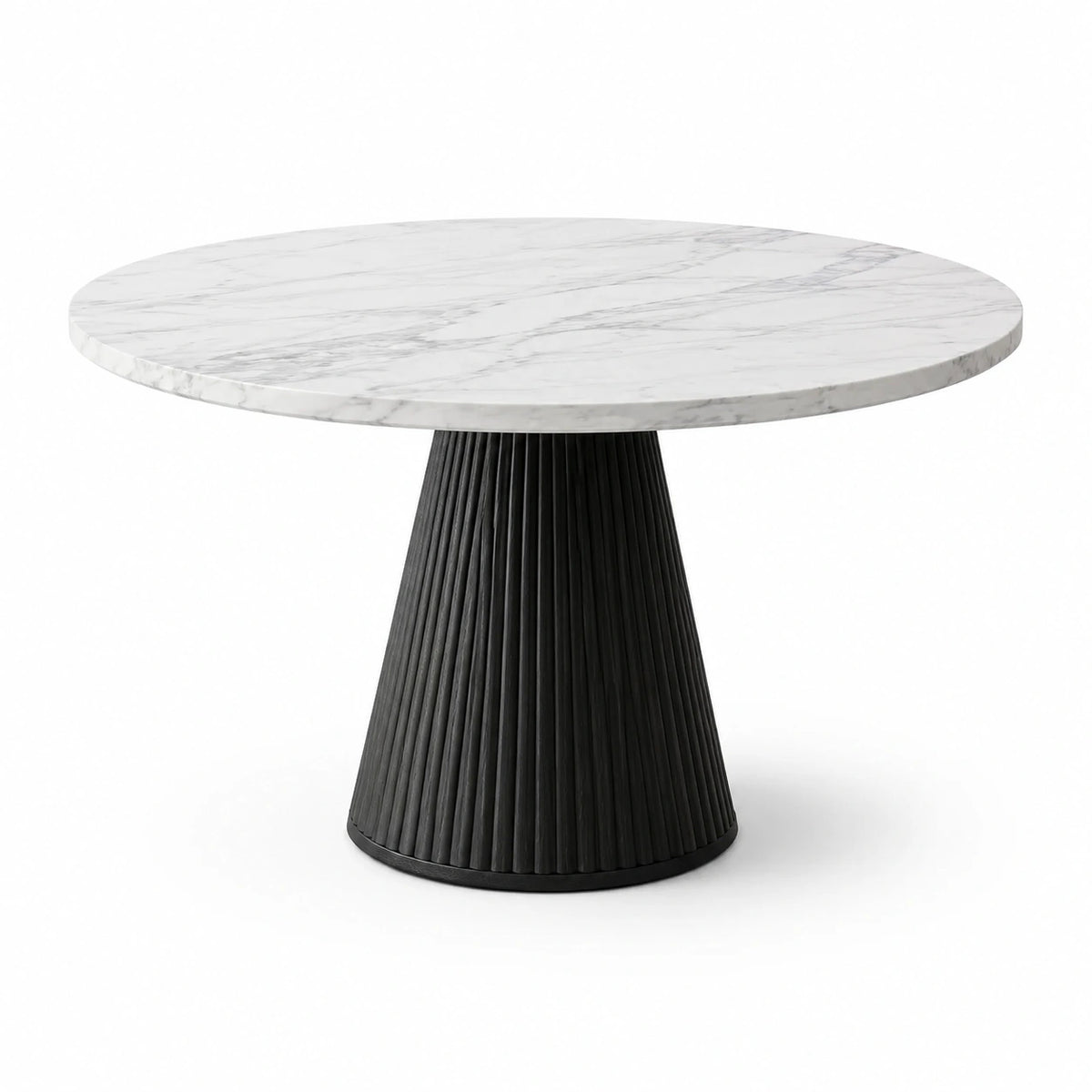 Tavolo rotondo moderno Ø 120 × H 75 cm, effetto marmo bianco con venature grigie e base nera scanalata