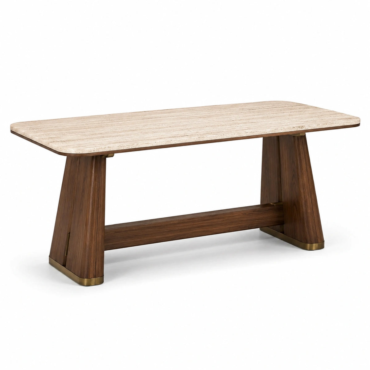 Tavolo da pranzo rettangolare beige effetto travertino con base marrone e dettagli color ottone, 200 × 90 × 76 cm