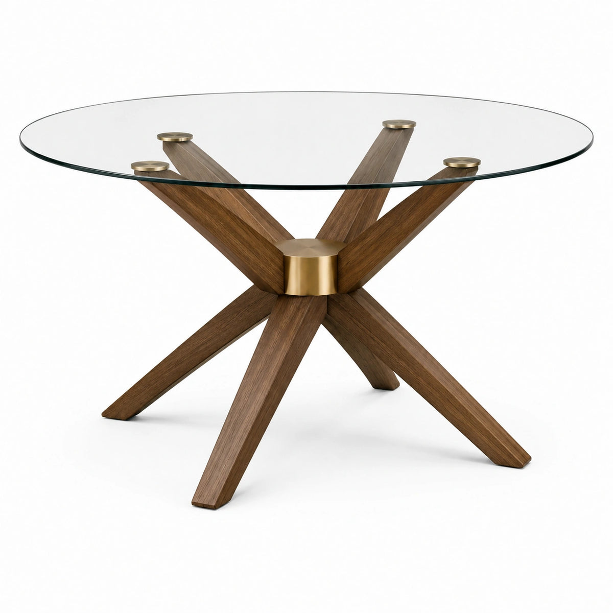 Tavolo rotondo Ø 120 × 75 cm con piano in vetro trasparente, base marrone e dettagli dorati