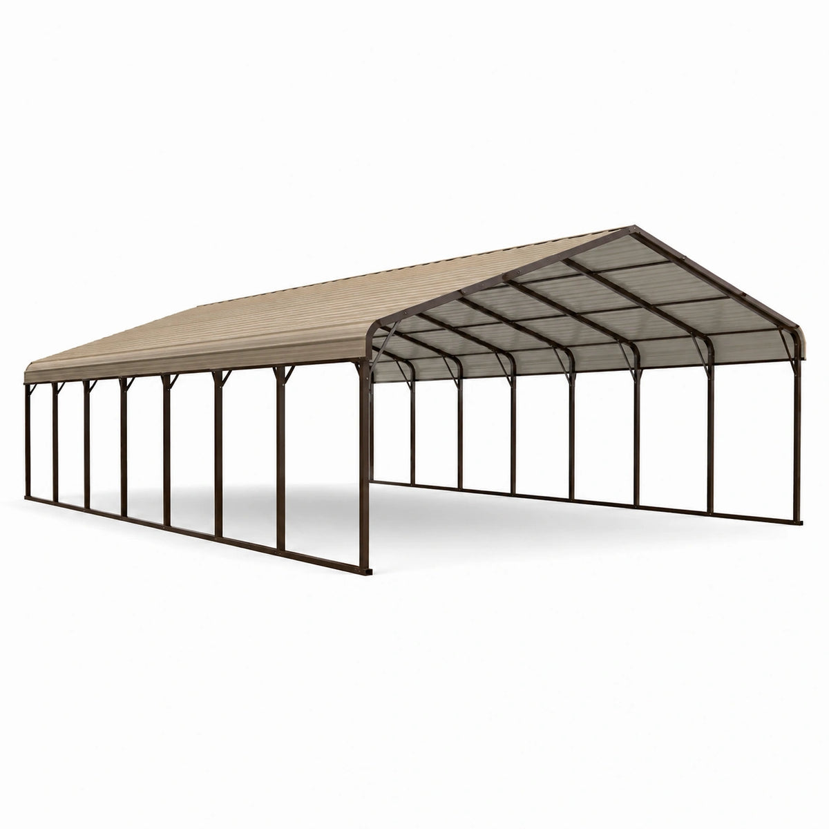 Carport doppio 600 × 600 × 270 cm in acciaio marrone con copertura in policarbonato beige traslucido