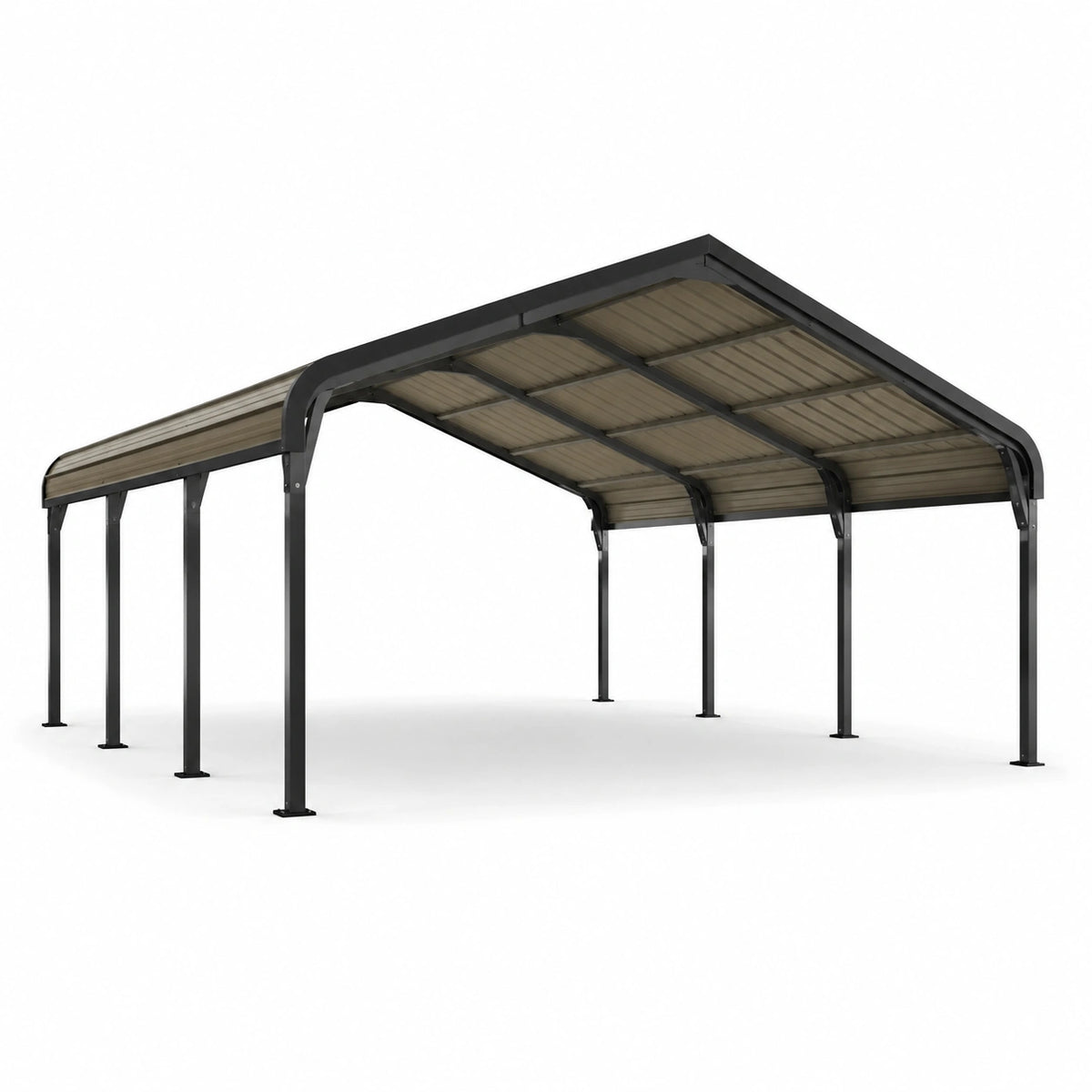 Carport doppio 600 × 600 × 300 cm in acciaio antracite con copertura curva in policarbonato bronzo