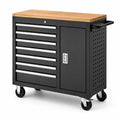 Carrello portautensili nero 100 × 50 × 95 cm con piano in legno, 7 cassetti, vano con anta e 4 ruote