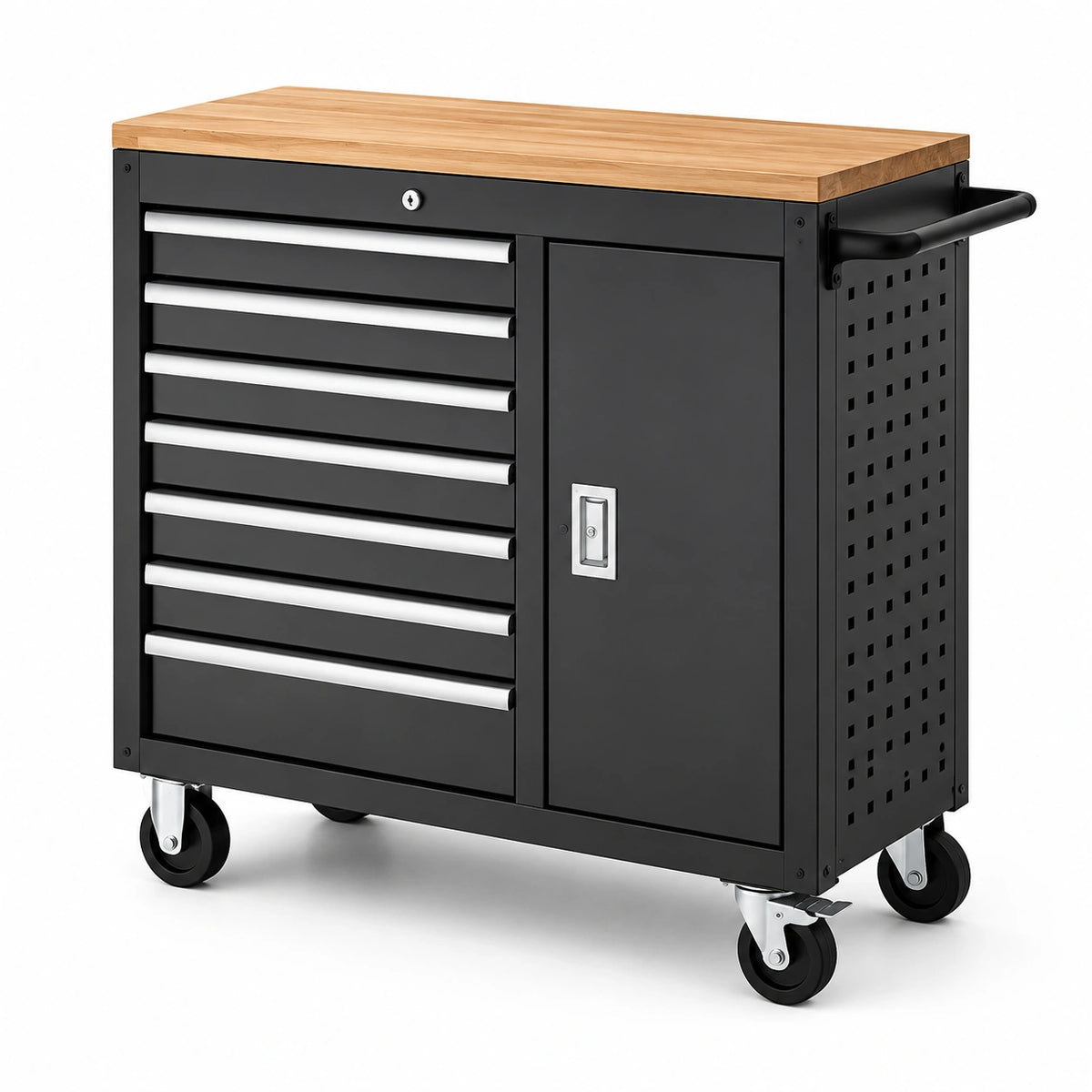 Carrello portautensili nero 100 × 50 × 95 cm con piano in legno, 7 cassetti, vano con anta e 4 ruote