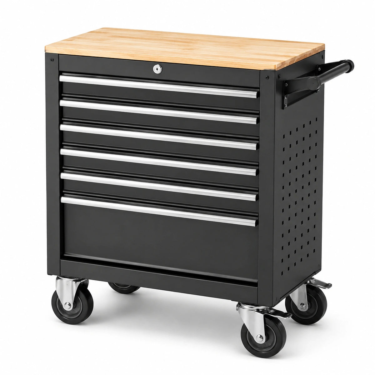 Carrello portautensili mobile nero con piano in legno, 6 cassetti e 4 ruote, 68 × 46 × 86 cm