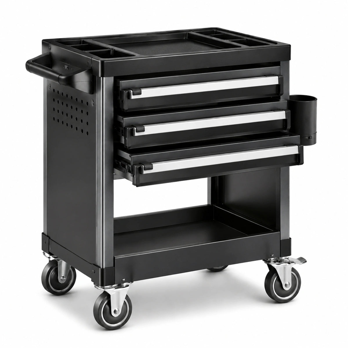 Carrello portautensili mobile nero e argento 77 × 47 × 90 cm con 3 cassetti, ripiano inferiore e 4 ruote