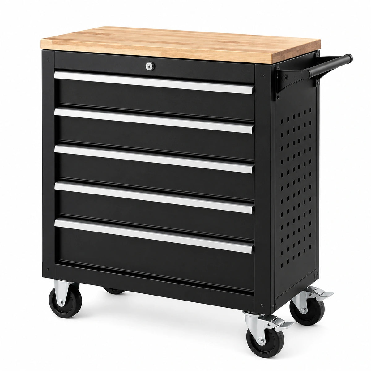 Carrello portautensili nero 77 × 47 × 89 cm con piano in legno naturale, 5 cassetti e 4 ruote