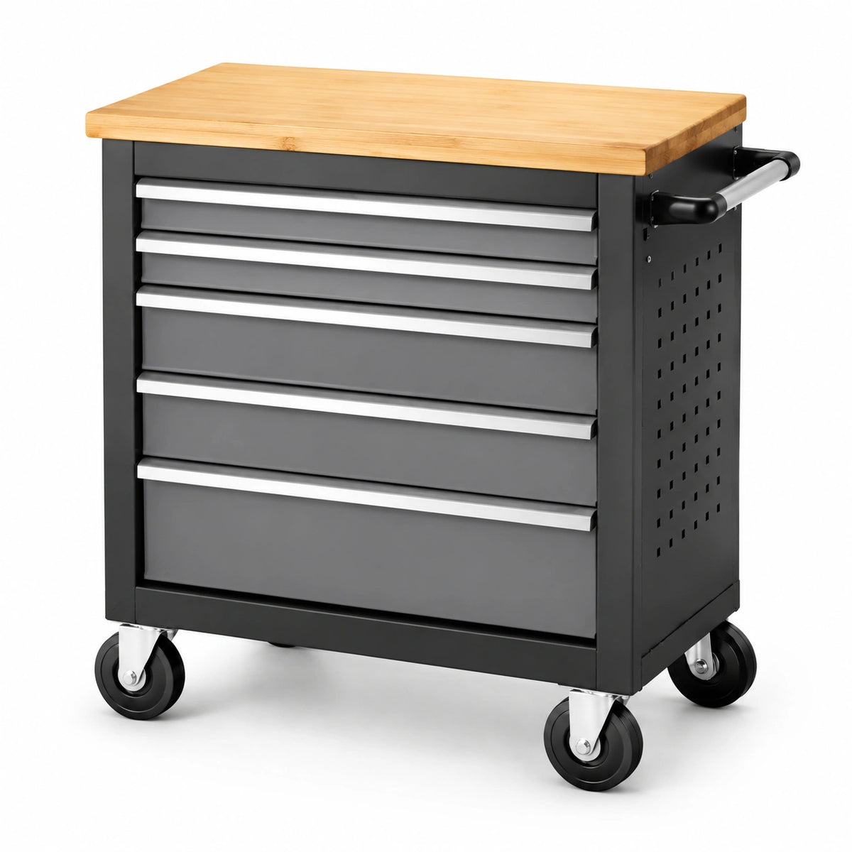 Carrello portautensili nero in acciaio con 5 cassetti, piano in bambù e ruote, 77 × 46 × 89 cm