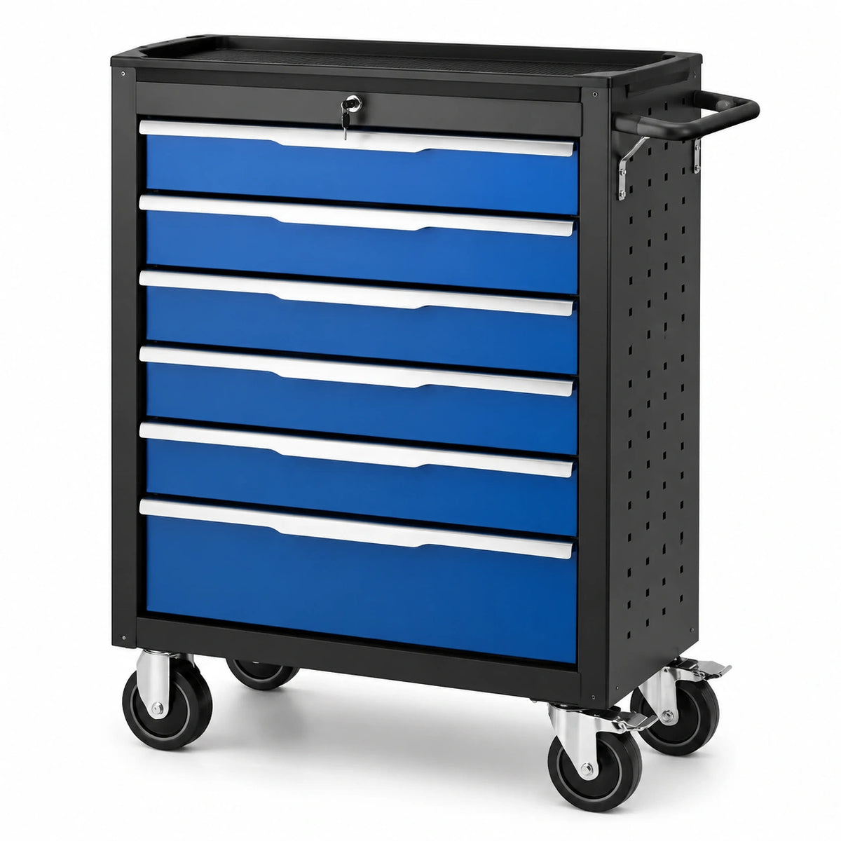 Carrello portautensili in acciaio nero, blu e argento, 77 × 46 × 97 cm, con 6 cassetti, serratura e ruote