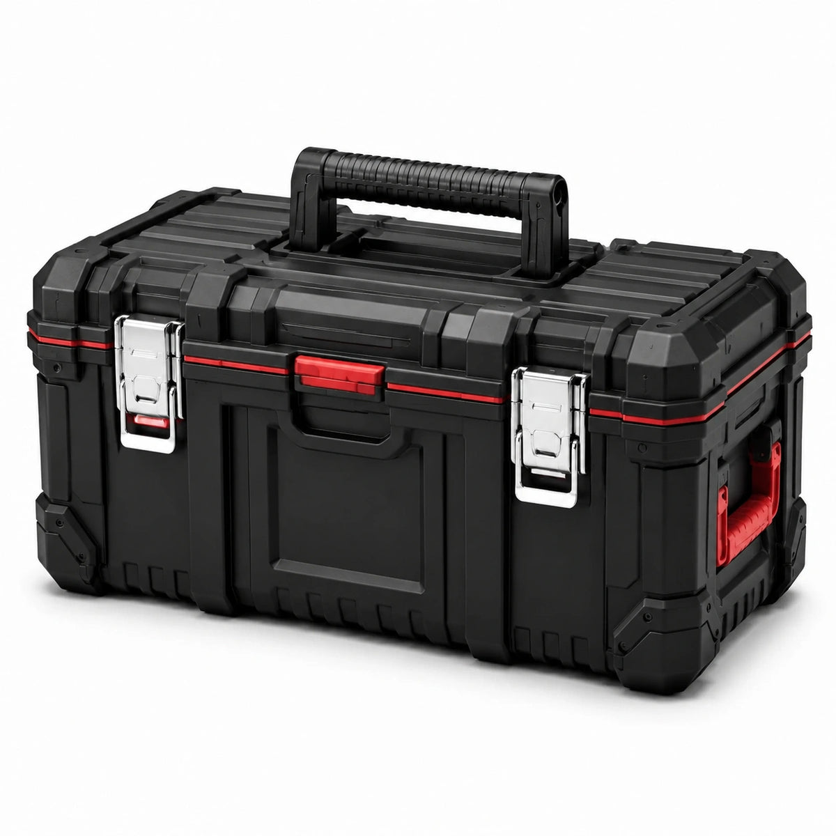 Cassetta portautensili rigida nera e rossa con chiusure metalliche e maniglie, 58 × 30 × 29 cm