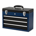 Cassetta portautensili in acciaio blu, nero e argento, 50 × 25 × 45 cm, con 3 cassetti, vano superiore e serratura