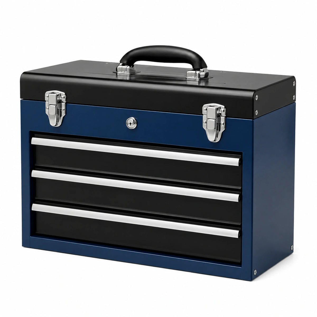 Cassetta portautensili in acciaio blu, nero e argento, 50 × 25 × 45 cm, con 3 cassetti, vano superiore e serratura