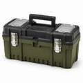 Cassetta portautensili portatile 55 × 28 × 27 cm verde oliva e nera con scomparti e chiusure metalliche