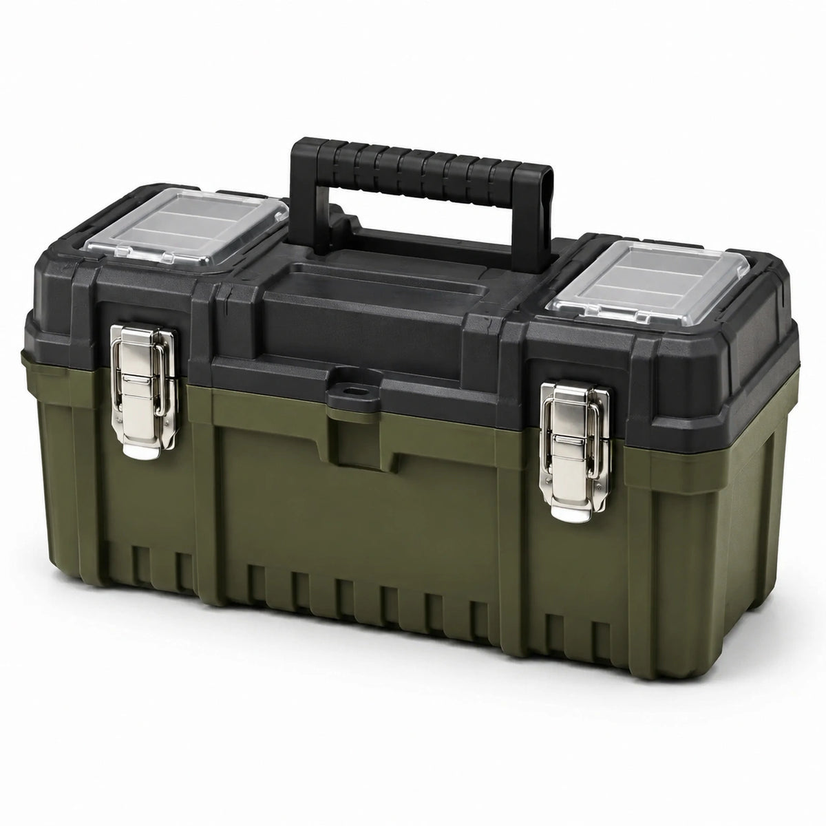 Cassetta portautensili portatile 55 × 28 × 27 cm verde oliva e nera con scomparti e chiusure metalliche