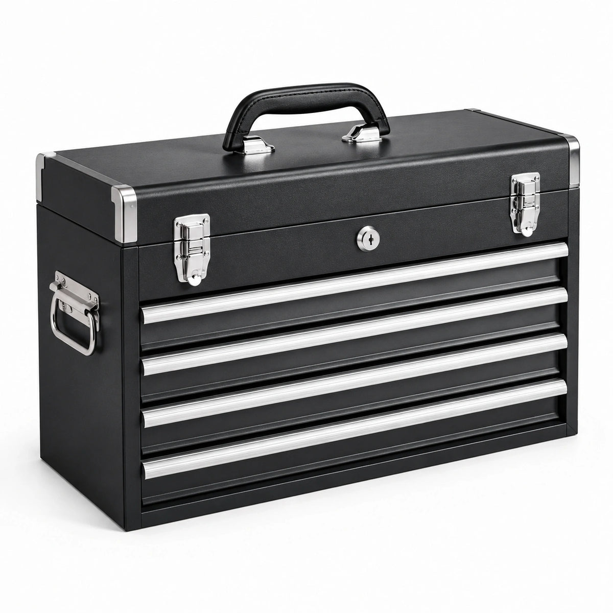 Cassetta portautensili in metallo nero e argento con 4 cassetti e vano superiore, 51 × 26 × 39 cm