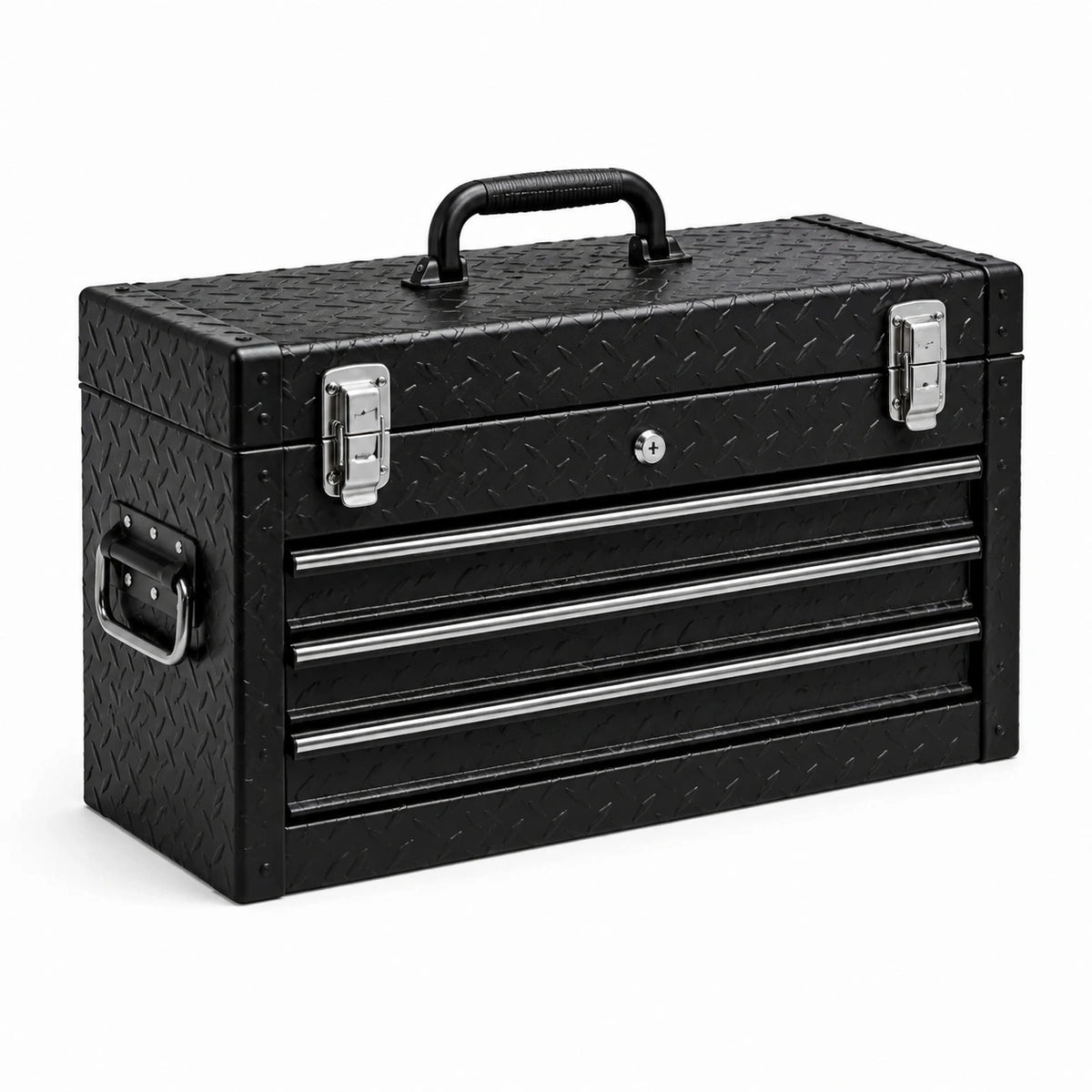 Cassetta portautensili in acciaio nero e argento, 51 x 22 x 35 cm, con 3 cassetti e vano superiore