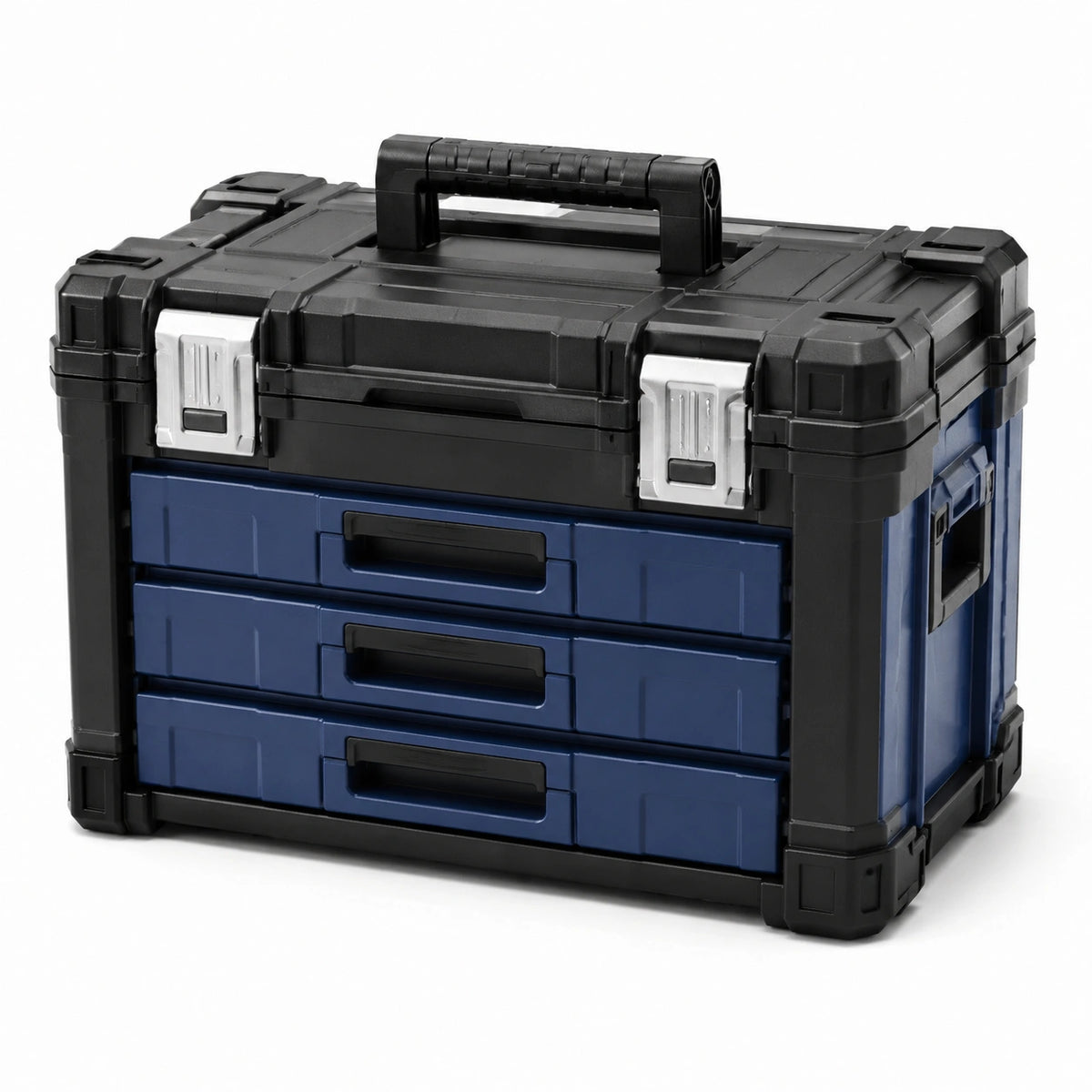 Cassetta portautensili blu, nera e argento 55 × 32 × 44 cm con vano superiore, 3 cassetti e maniglia