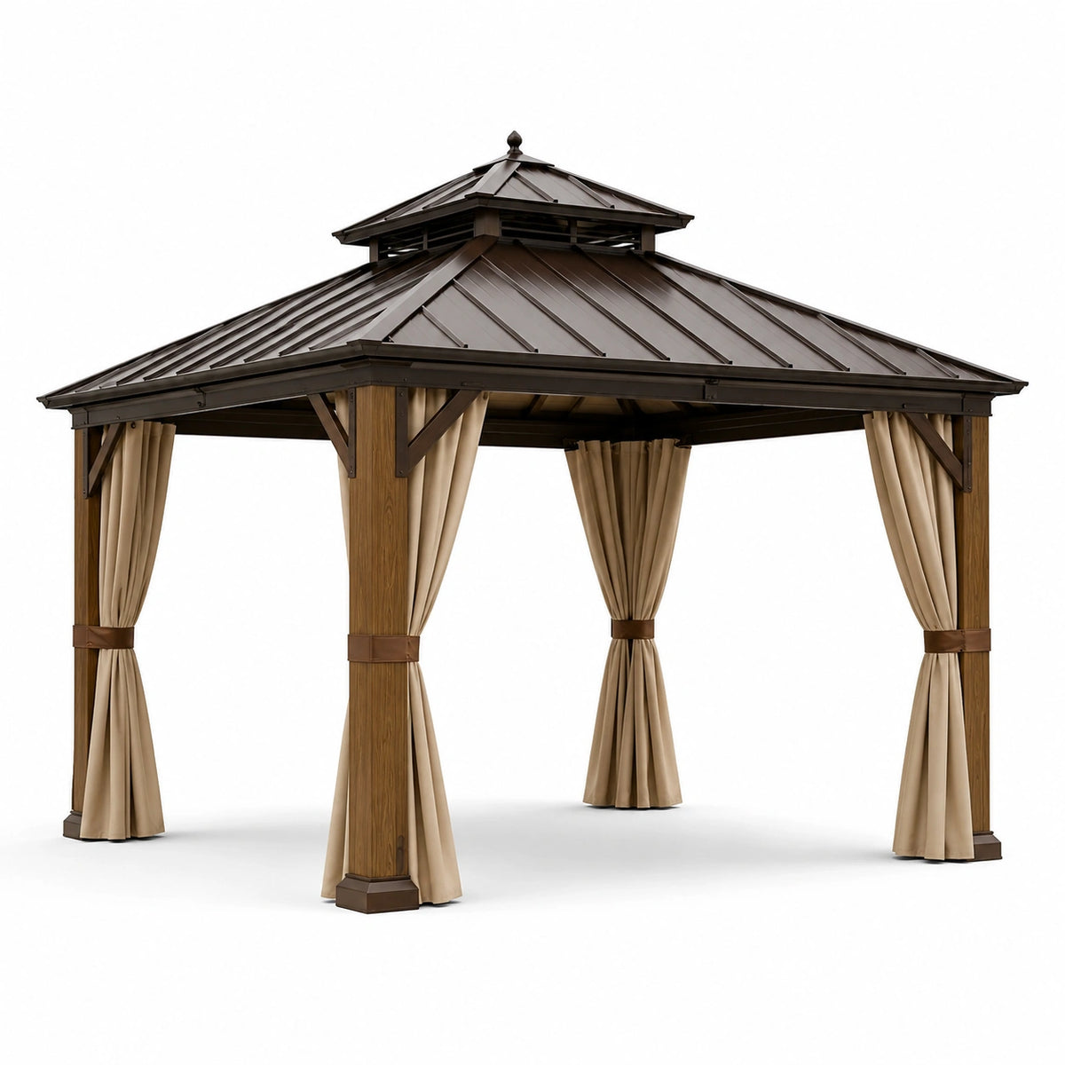 Gazebo da giardino marrone con tetto rigido e tende beige, 300 × 300 × 290 cm