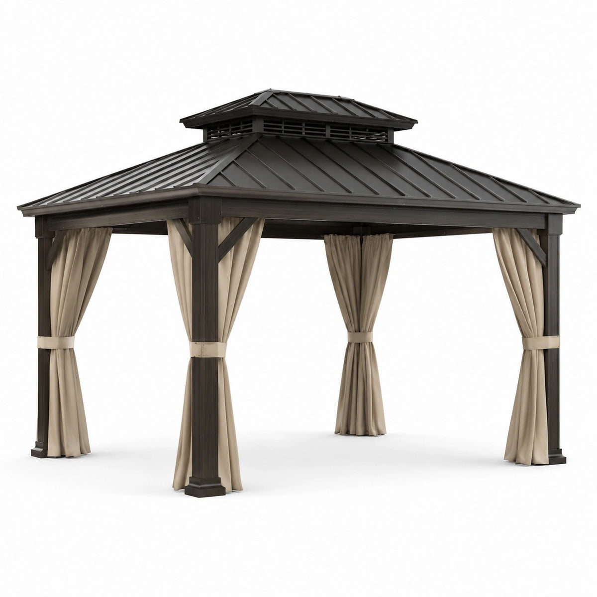 Gazebo da giardino 400 × 300 × 310 cm in metallo marrone scuro con tende beige e tetto ventilato
