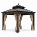 Gazebo da giardino 300 × 300 × 280 cm in metallo nero con tetto rigido e tende beige