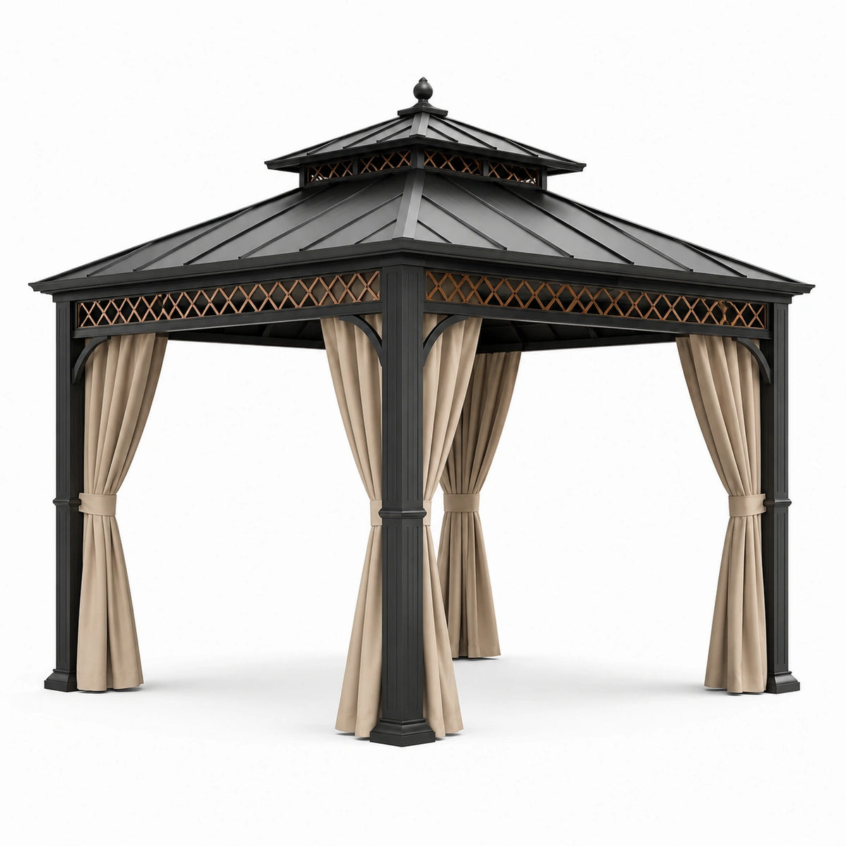Gazebo da giardino 300 × 300 × 280 cm in metallo nero con tetto rigido e tende beige