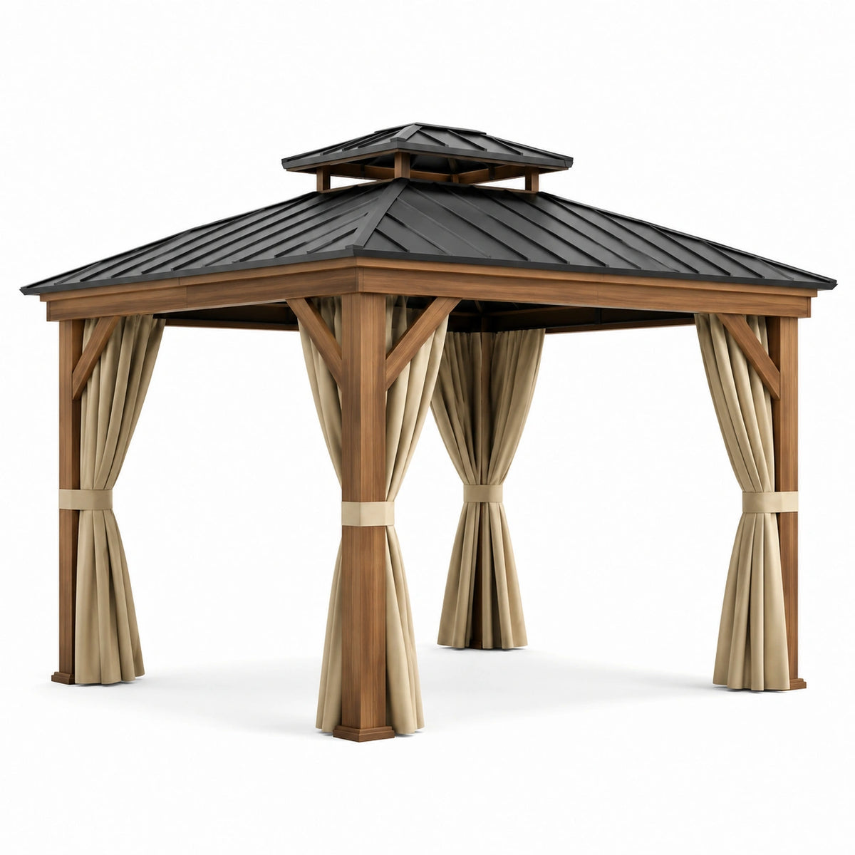 Gazebo da giardino 300 × 300 × 290 cm in alluminio marrone con tetto rigido antracite e tende beige