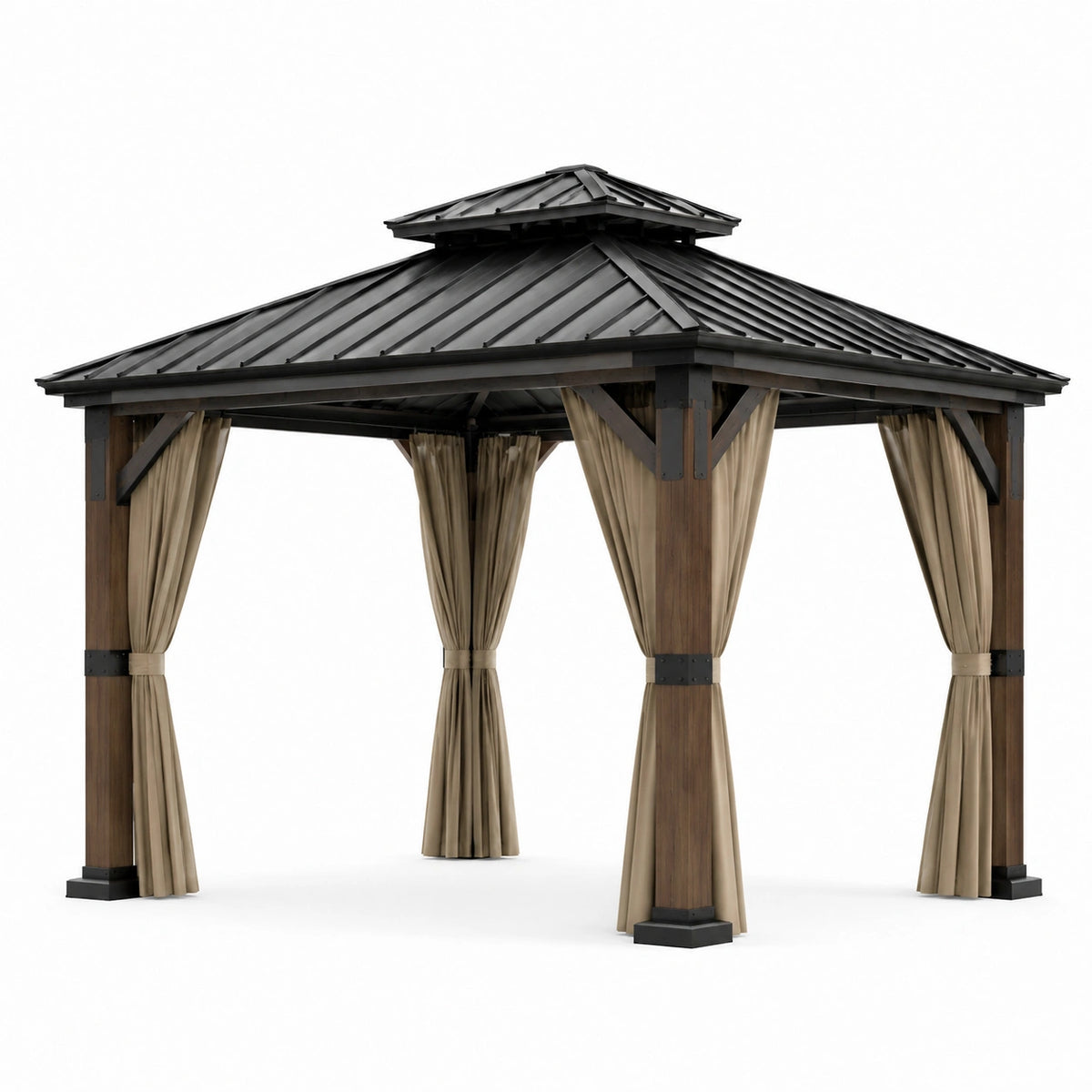 Gazebo da giardino 300 × 300 × 280 cm in legno marrone con tetto rigido nero e tende beige