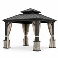 Gazebo da giardino in metallo antracite con tetto rigido, tende beige e basi grigie, 360 × 360 × 330 cm
