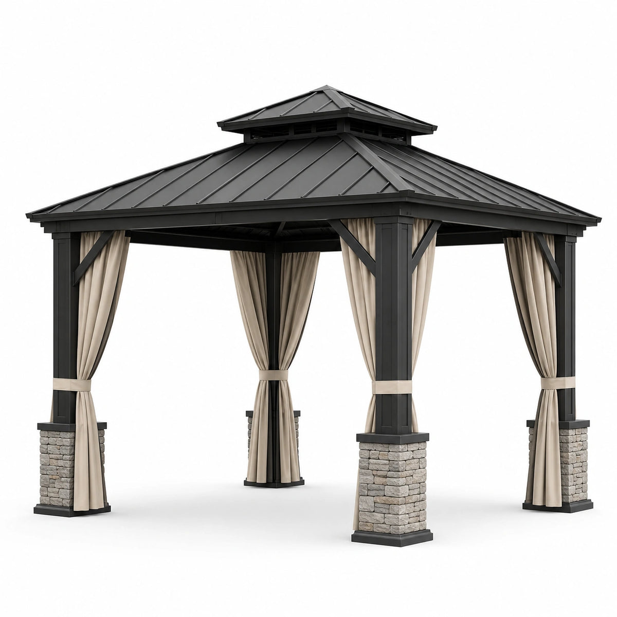 Gazebo da giardino in metallo antracite con tetto rigido, tende beige e basi grigie, 360 × 360 × 330 cm
