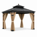 Gazebo da giardino 300 × 300 × 280 cm con struttura in legno, tetto rigido nero e tende beige