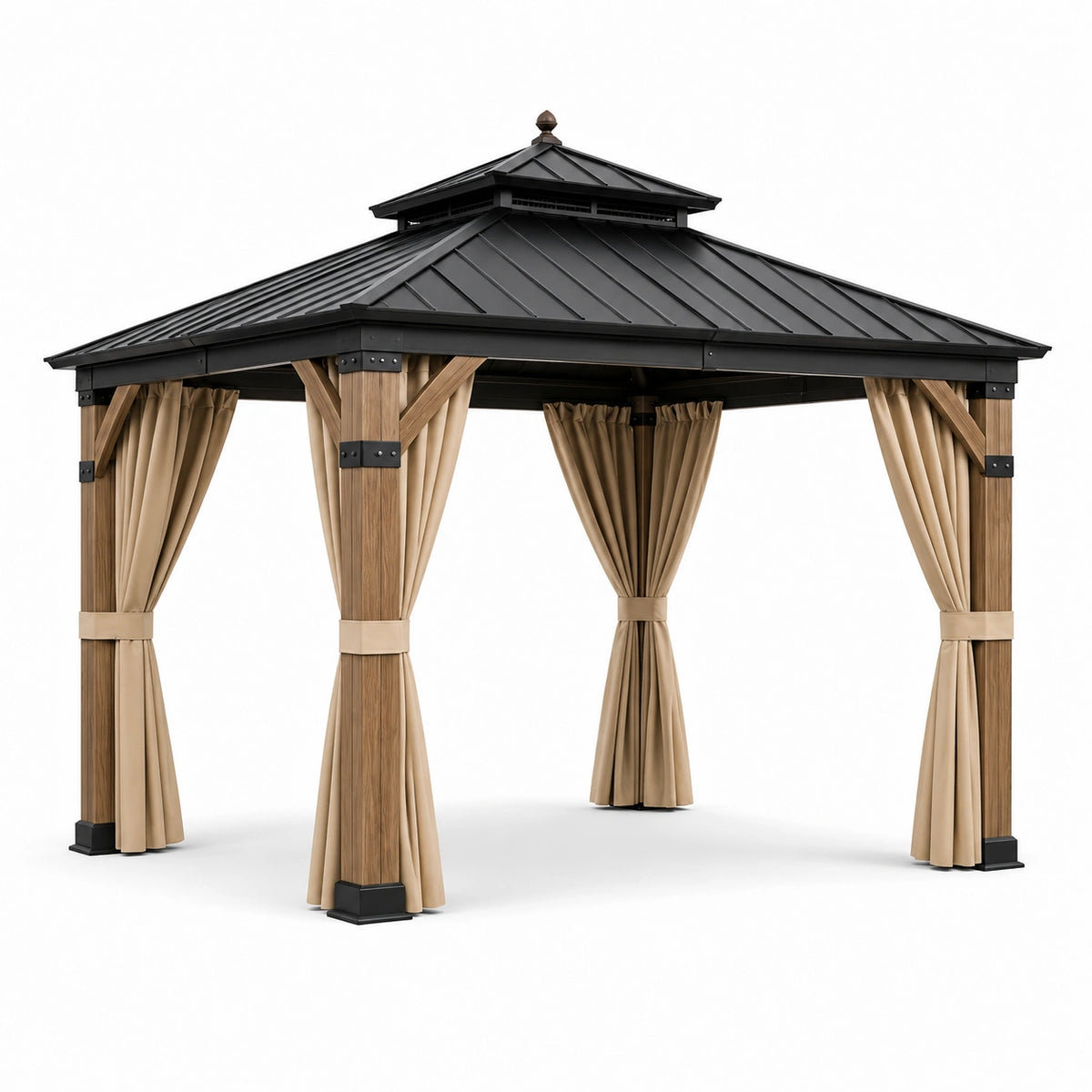 Gazebo da giardino 300 × 300 × 280 cm con struttura in legno, tetto rigido nero e tende beige