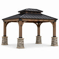 Gazebo da giardino in legno marrone con tetto rigido nero, 430 × 365 × 330 cm