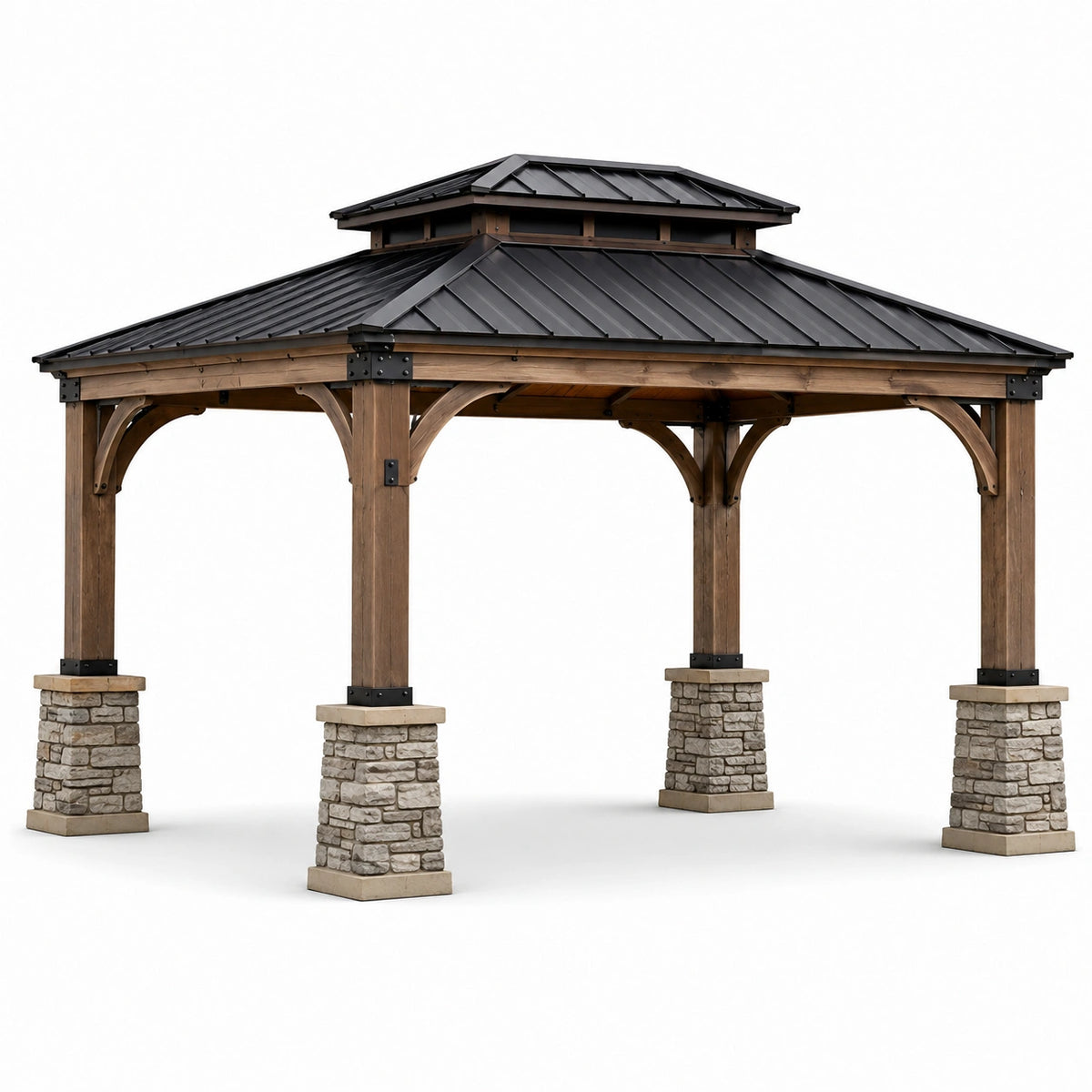 Gazebo da giardino in legno marrone con tetto rigido nero, 430 × 365 × 330 cm