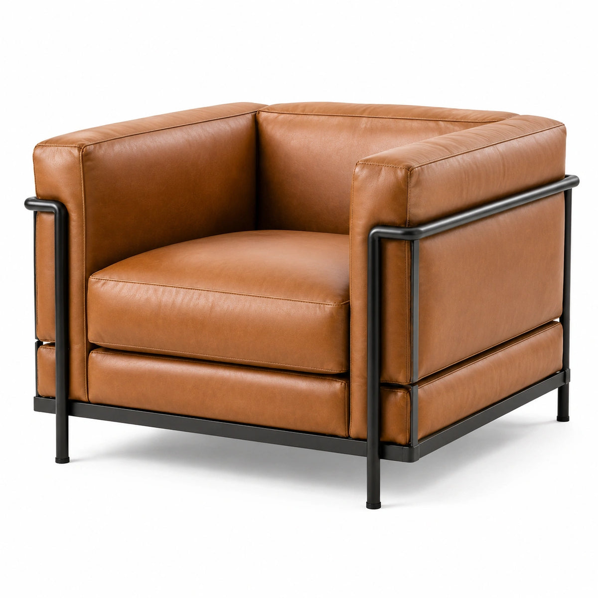 Poltrona in similpelle marrone cognac con struttura in metallo nero, 86 × 82 × 72 cm