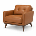 Poltrona moderna in similpelle cognac con gambe in legno marrone scuro, 94 × 88 × 83 cm